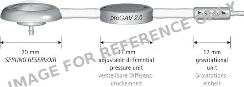 proGAV® 2.0 Hydrocephalus Valve, DP unit adjustable, press. horiz. 0 - 20 cmH2O, grav. unit not adjustable, 20 cmH2O, press. vert. 20 - 40 cmH2O, sterile-null